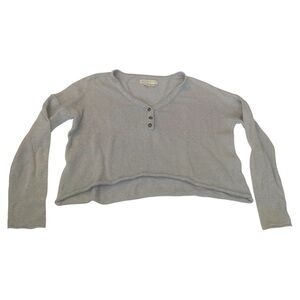 Mouchette light gray long sleeve knit top rolled hem button from detail